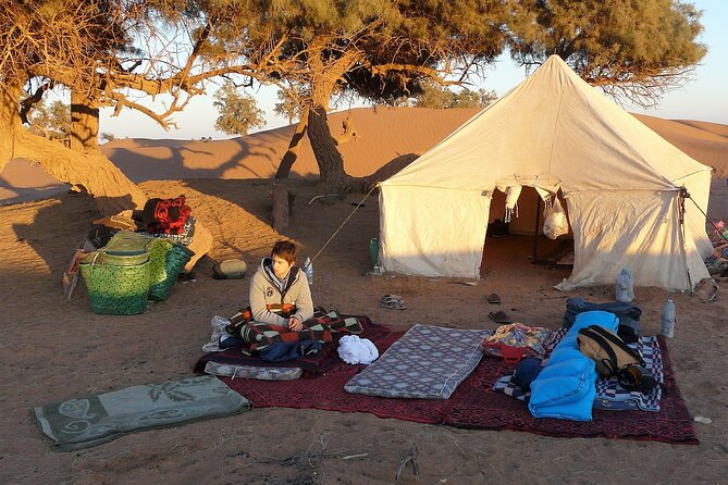 Morocco desert trek dromedary Mhamid dunes - Sunset turns the ride into an overnight trip